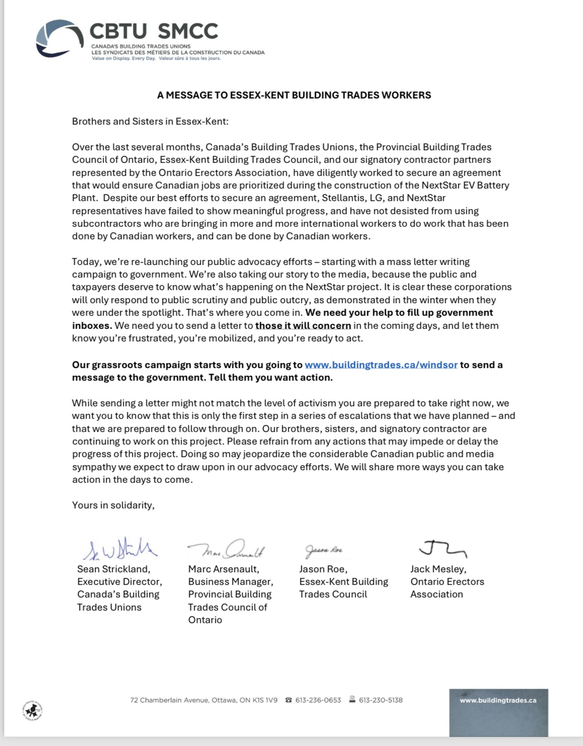 Canadas Building Trades Union letter 